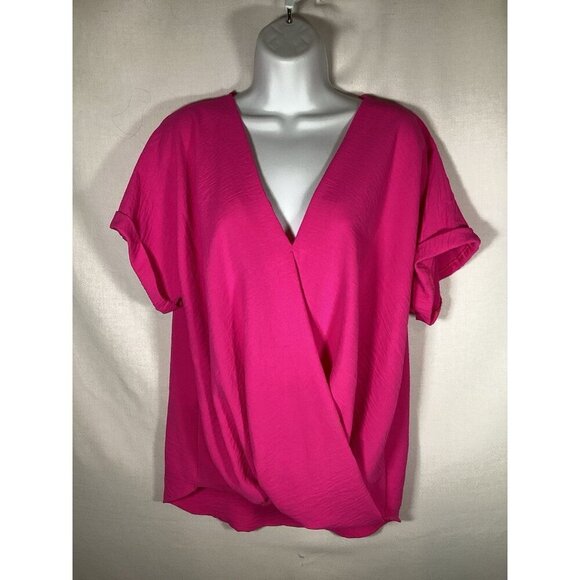 VINE & LOVE Hot Pink Wrap Short Sleeve V-Neck Top Vacation Work Size Small - Picture 1 of 7